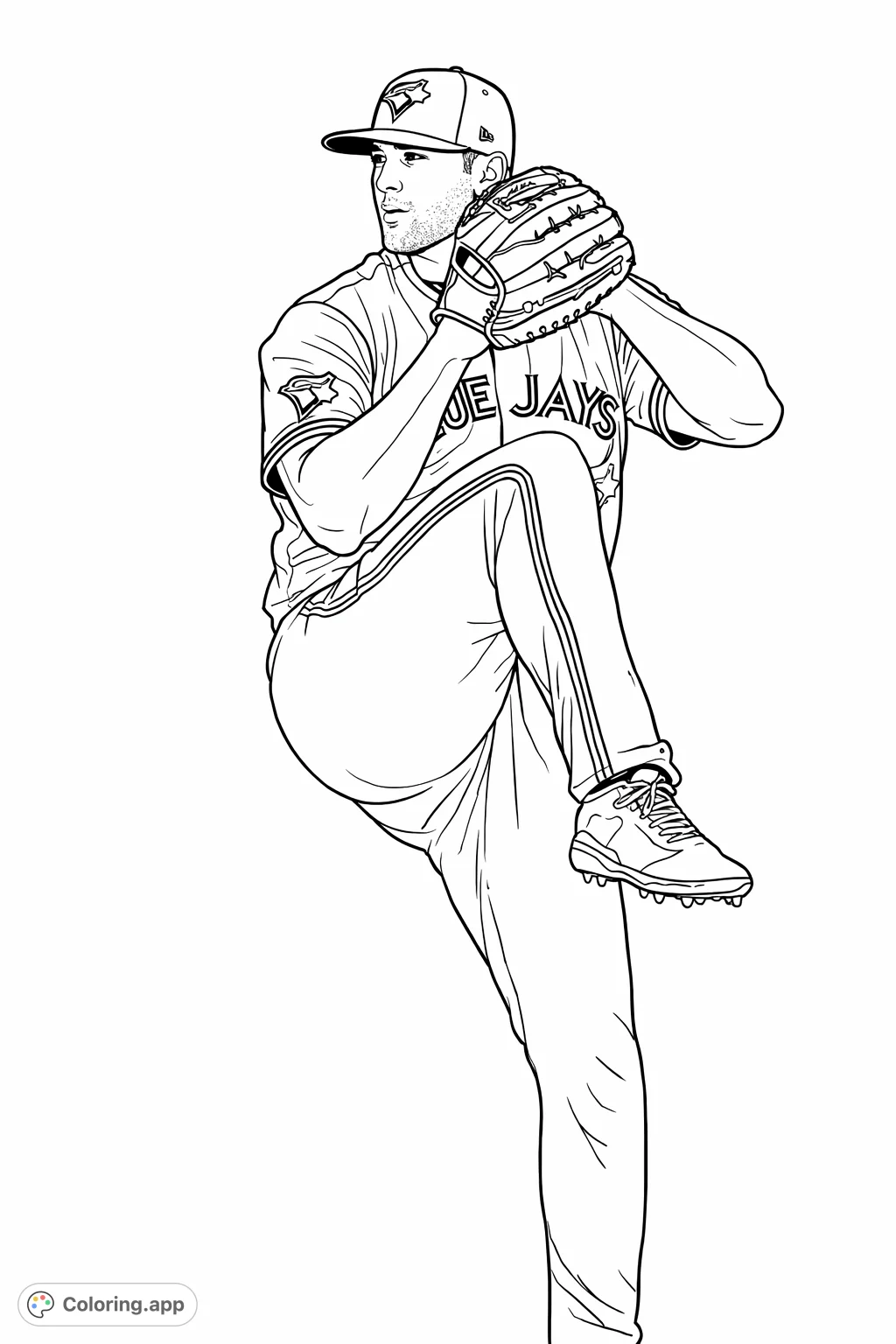 Dynamic baseball pitcher in mid-pitch, ready to deliver. A perfect page for sports fans to customize with team colors and personal flair.