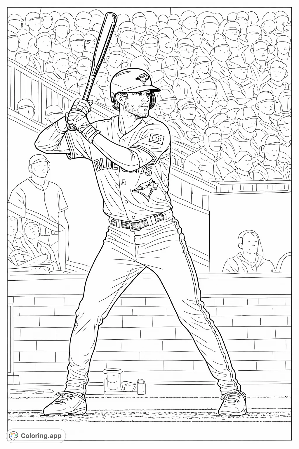 Color a dynamic baseball player ready to swing at home plate. Perfect for sports fans and aspiring athletes to personalize their favorite team's look.