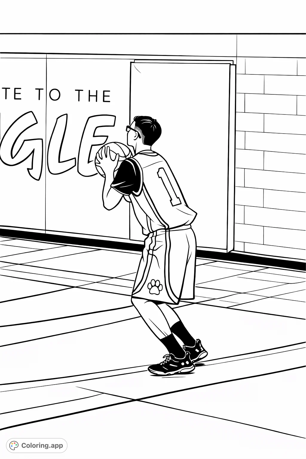 An aspiring basketball player, wearing a uniform with a number '1', prepares to take a shot on a detailed indoor court, capturing a dynamic athletic moment.