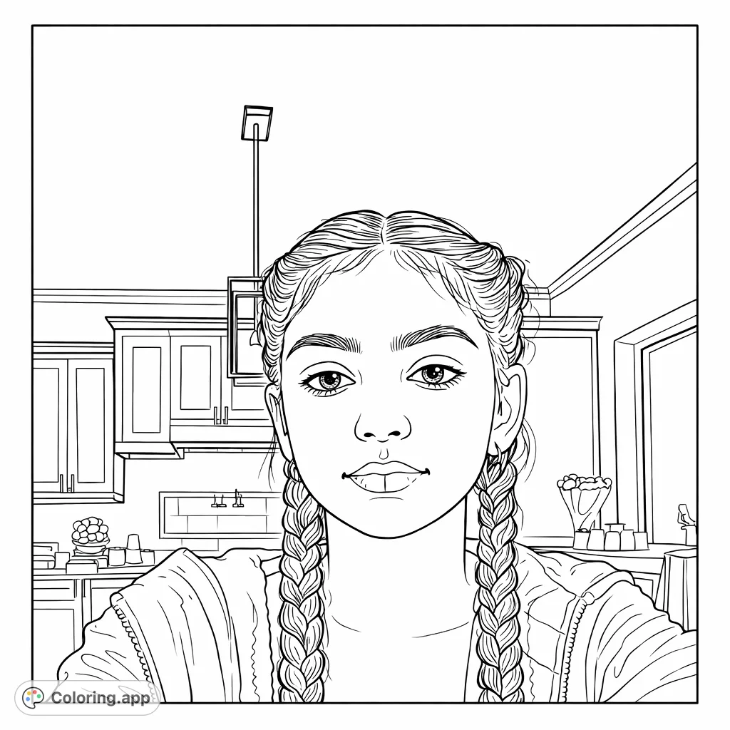 A delightful portrait of a young person with braided hair and a thoughtful expression, perfect for adding your personal flair. Features a detailed face and textured garment.