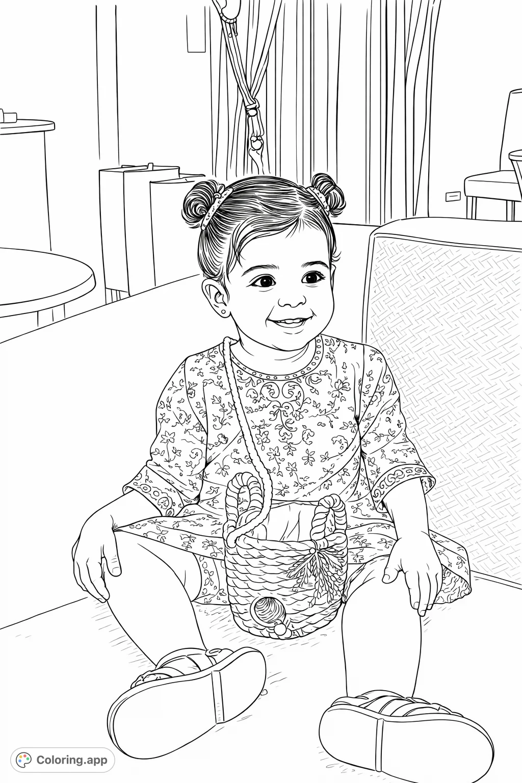 An adorable child with charming pigtails and a patterned dress holds a cute basket bag, smiling while seated on a cozy couch. A delightful scene!