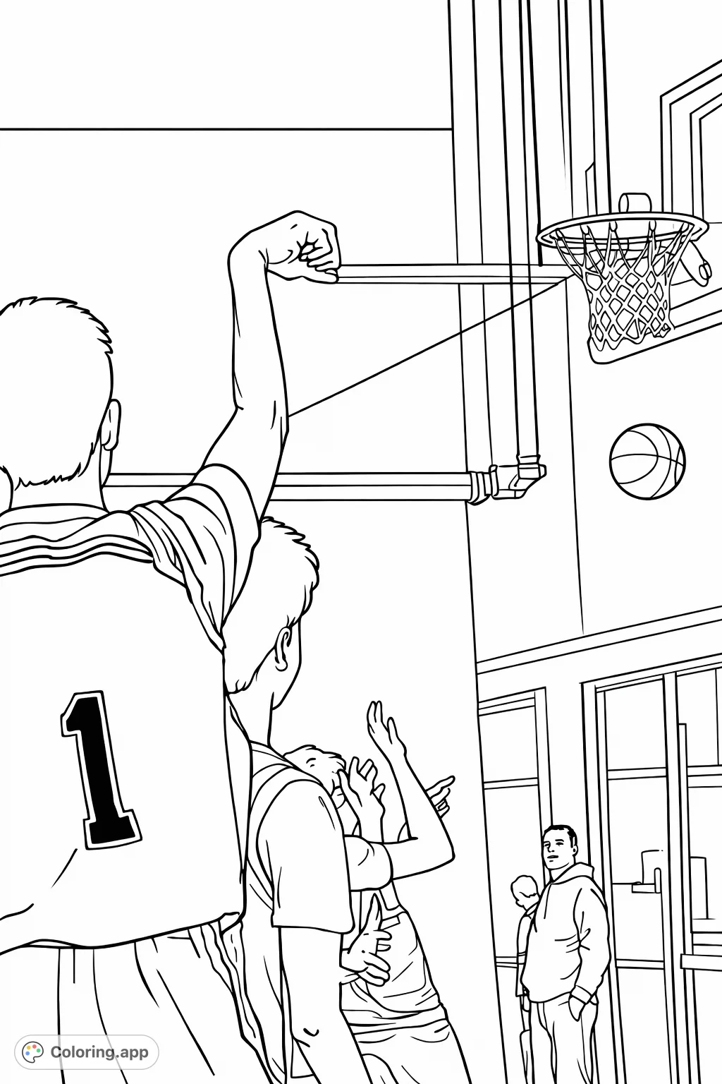 Dynamic basketball action featuring players mid-game and a ball approaching the hoop. Perfect for sports enthusiasts to bring the court to life!