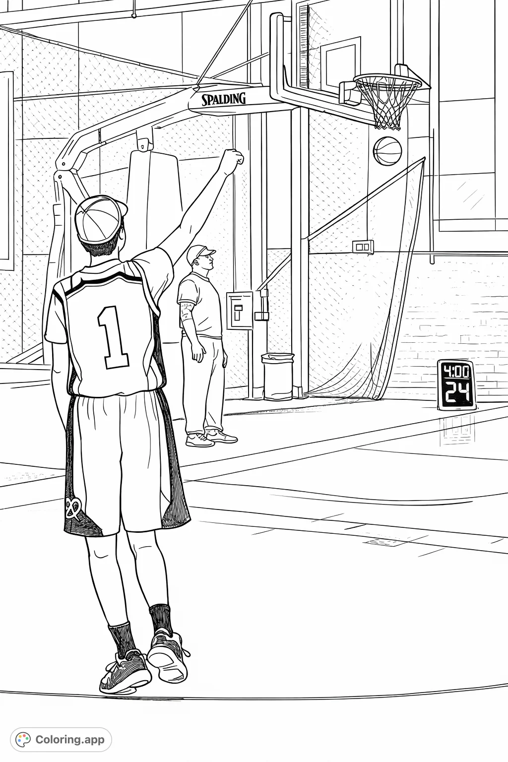 Capture the excitement of a young player's basketball shot on an indoor court. A dynamic scene featuring a player, hoop, and scoreboard.