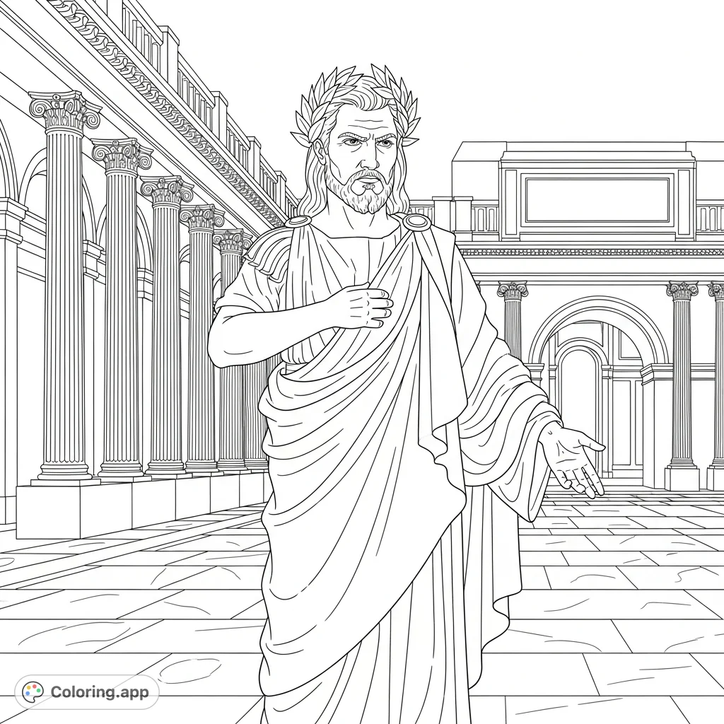 An intriguing coloring page featuring a mashup of Julius Caesar, Napoleon, and Jesus in a grand Roman setting, blending authority with wisdom.