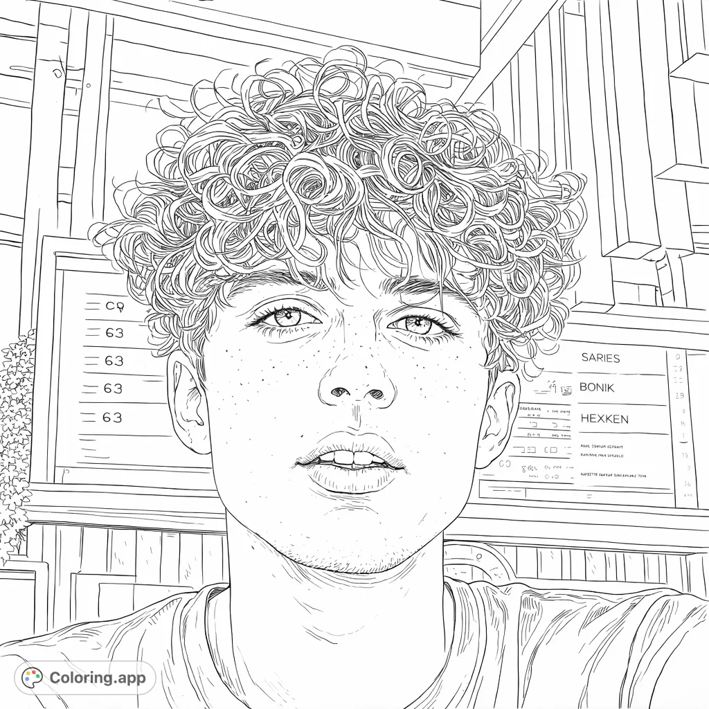 Capture the striking realism of a young man with detailed curly hair and expressive features. A challenging portrait coloring page for skilled artists.