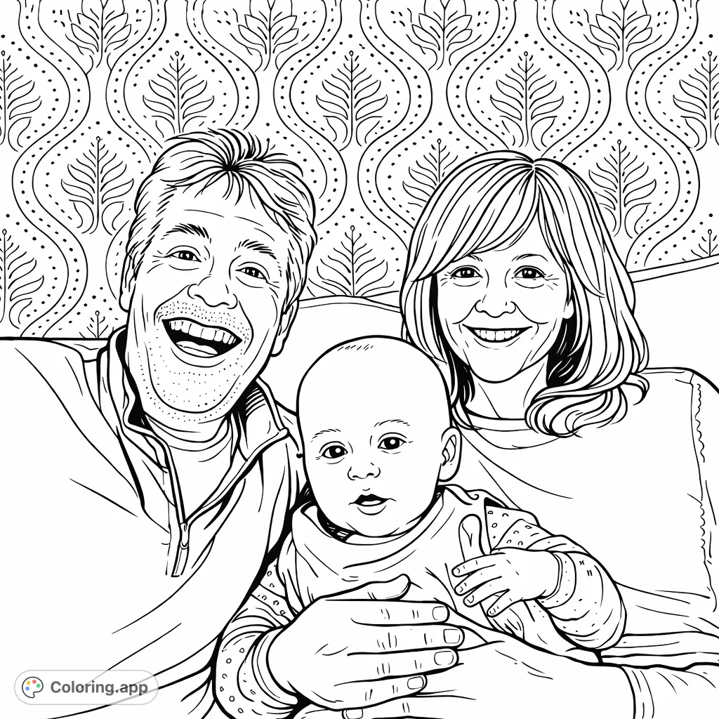 A heartwarming family portrait with a smiling couple holding a sweet baby. Features a cartoony style, bold outlines, and clean lines for a delightful coloring experience.