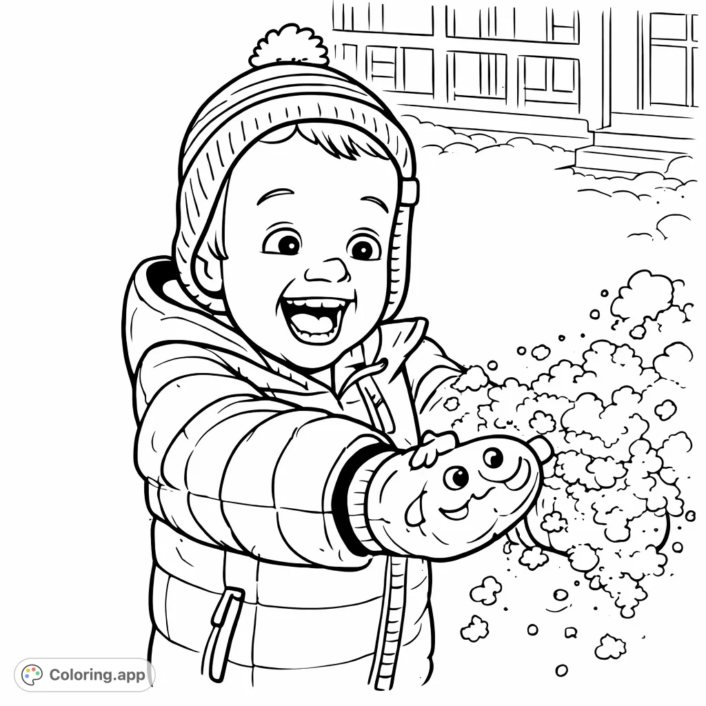 Capture a child's pure joy playing in the snow, wearing a cozy jacket, ear-flap hat, and fun creature mittens. A delightful winter scene for all ages.