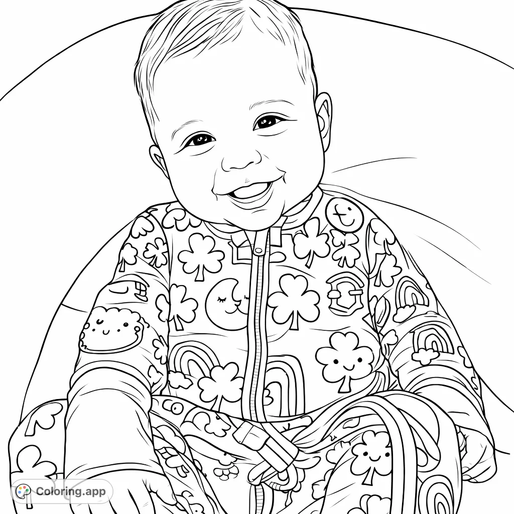A sweet, smiling baby in an adorable sleeper covered with whimsical shamrocks, frogs, and rainbows, ready for a fun and engaging coloring adventure!