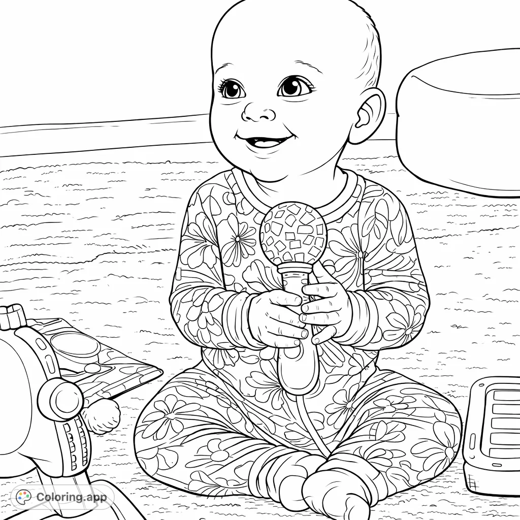 Capture a delightful moment with a smiling baby playing with a patterned rattle. This charming scene invites creativity, perfect for personalizing with your favorite hues.