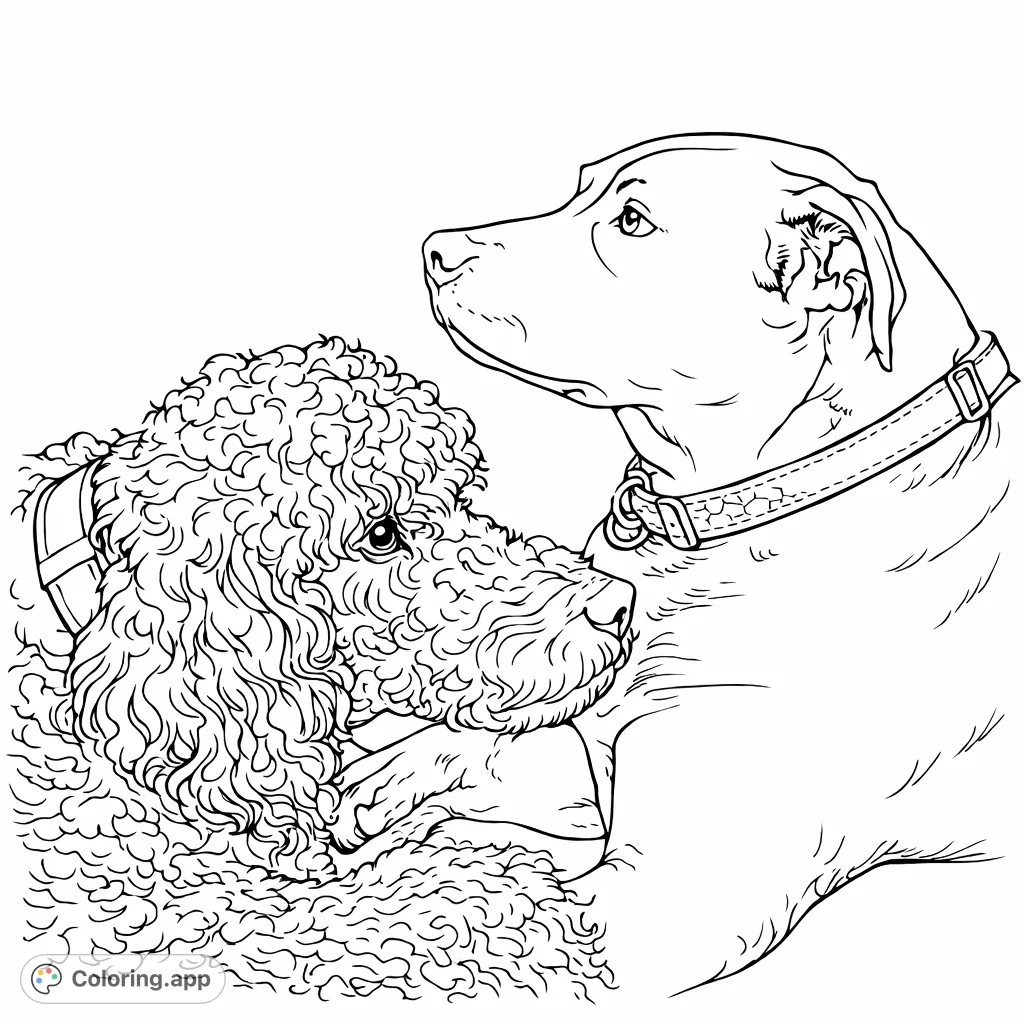 Two adorable dogs, a curly-coated and a smooth-coated companion, share a tender moment. Capture their bond with your creative coloring.