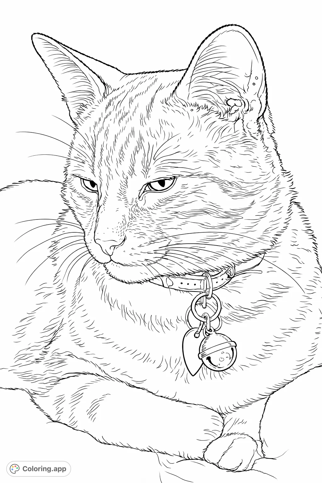 Relax and color this charming striped cat portrait, featuring a feline with intricate fur patterns, a bell collar, and a serene expression, perfect for cat lovers.