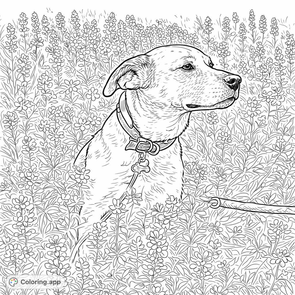 A lovely dog rests gracefully amidst a vibrant field of numerous wildflowers. This intricate nature scene offers a relaxing and detailed coloring experience.