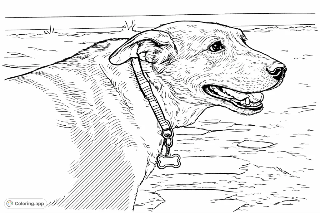 A charming coloring page featuring a friendly dog in profile, with a happy expression and detailed fur patterns, set against a rustic outdoor backdrop.