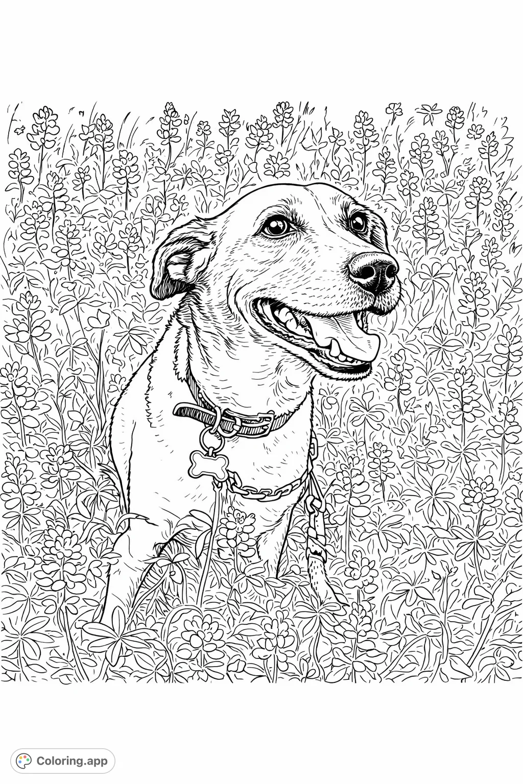 A cheerful dog enjoys a moment among abundant field flowers. This delightful dog coloring page offers charming details of a happy pet in a beautiful natural setting.