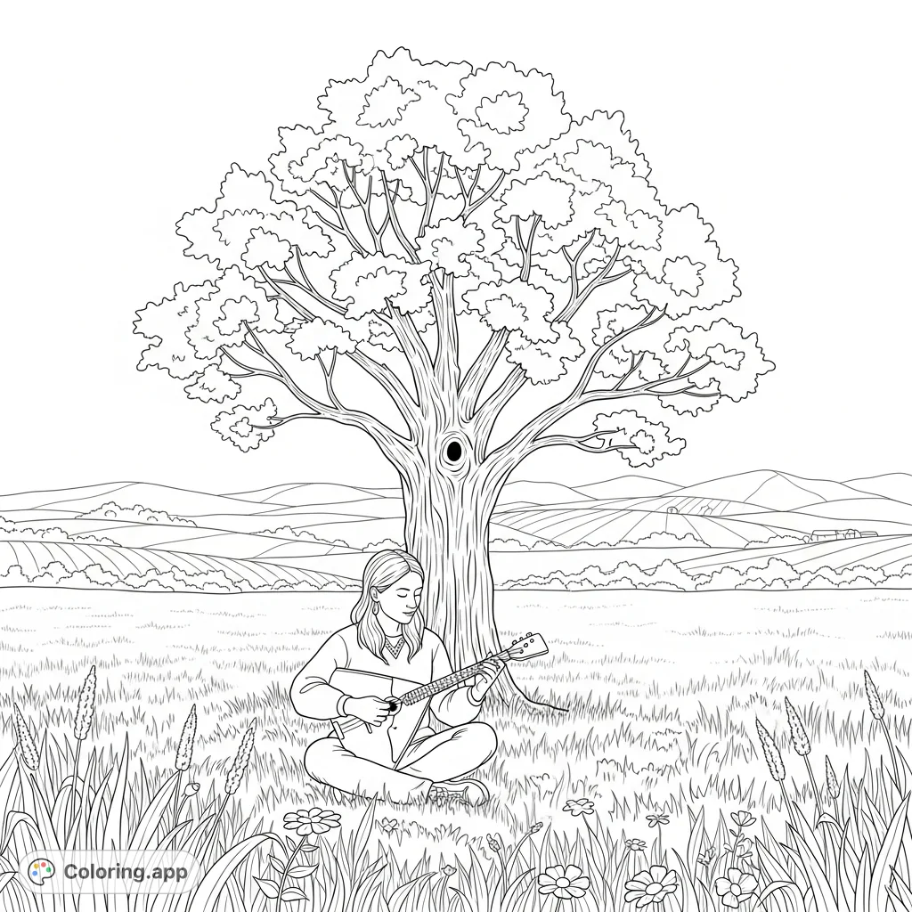 A person plays a traditional balalaika under a grand tree in a vast, bright countryside field, capturing a peaceful folk scene.