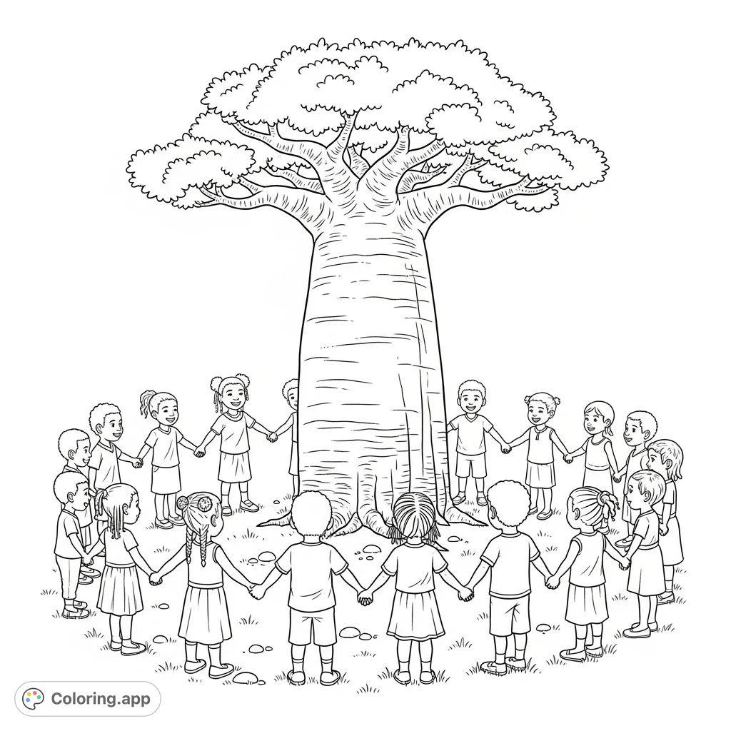 A heartwarming African children coloring page featuring diverse boys and girls holding hands around a grand baobab tree, symbolizing unity and community.
