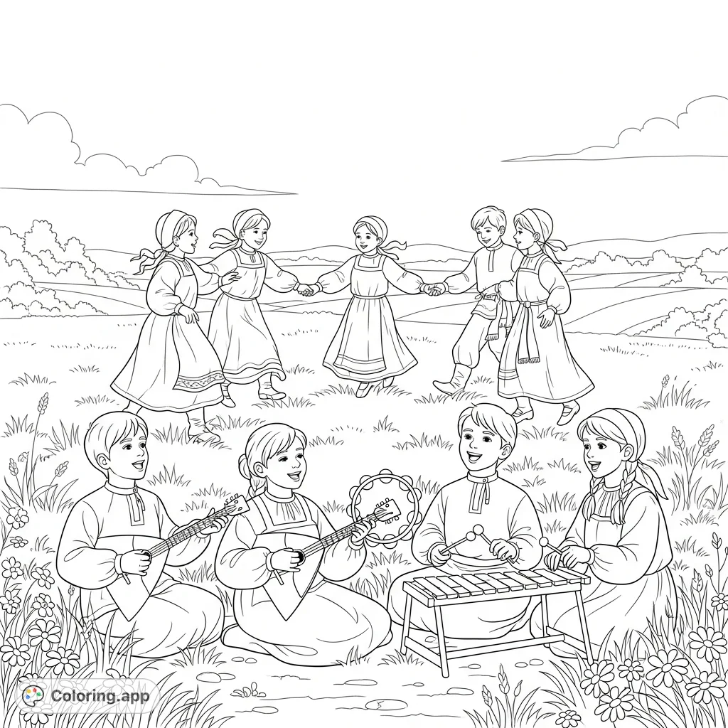 A delightful Russian field coloring page featuring children singing, dancing, and playing traditional instruments like the balalaika, tambourine, and xylophone.