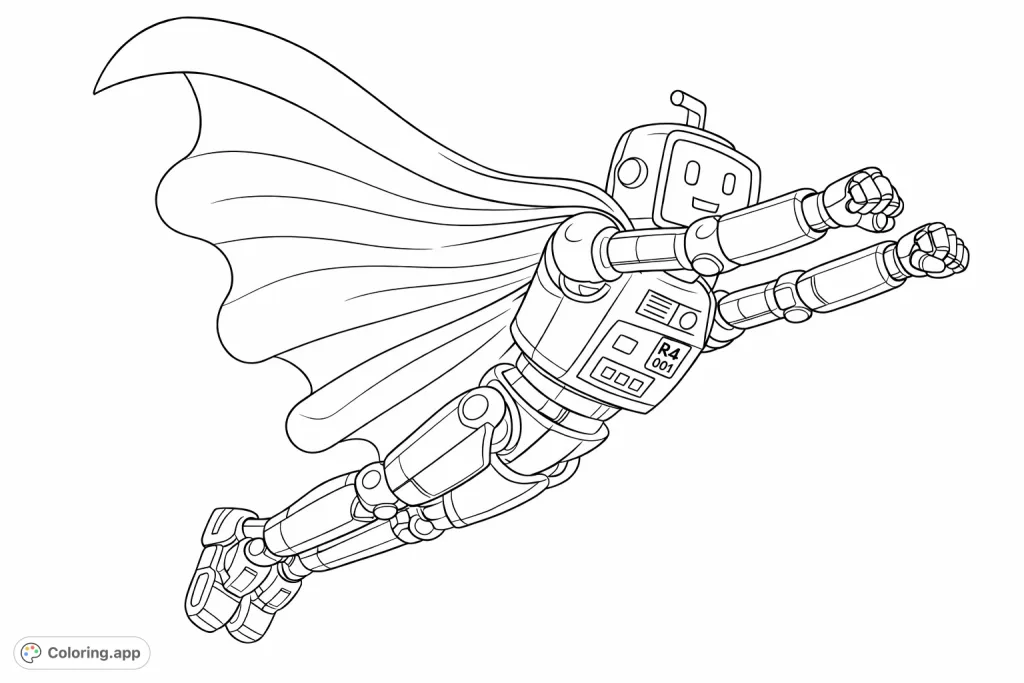 A dynamic flying robot hero with a flowing cape, ready for adventure! Perfect for sci-fi fans and imaginative colorists of all ages.