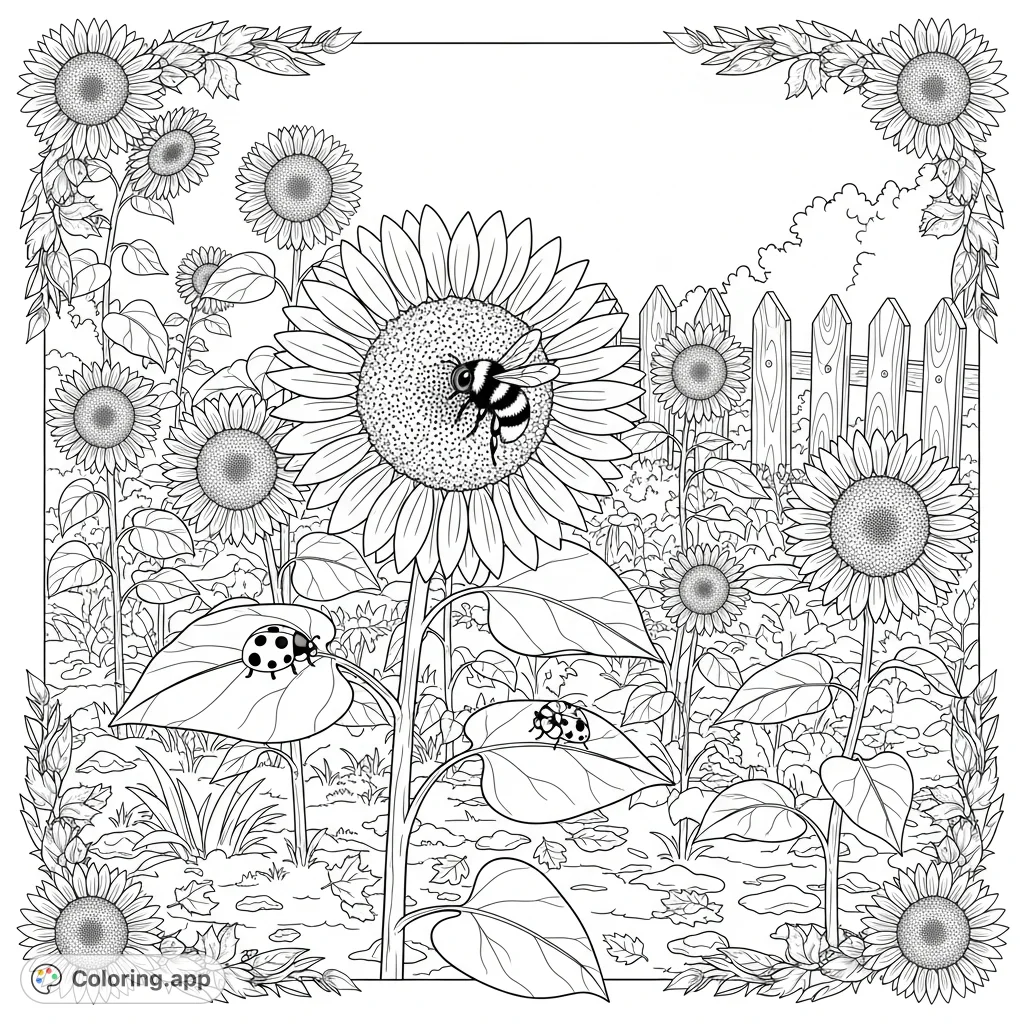 Explore a charming garden coloring page featuring numerous sunflowers, a busy bumblebee, and a crawling ladybug. A rustic fence completes this delightful nature scene.