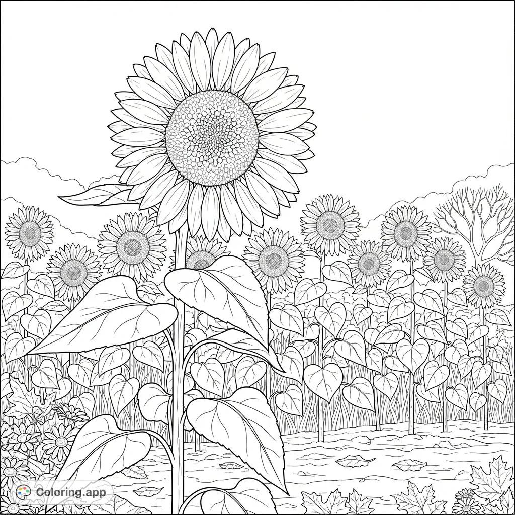 A magnificent towering sunflower with intricate central disk and textured petals, surrounded by a dense garden of other sunflowers and broad leaves.