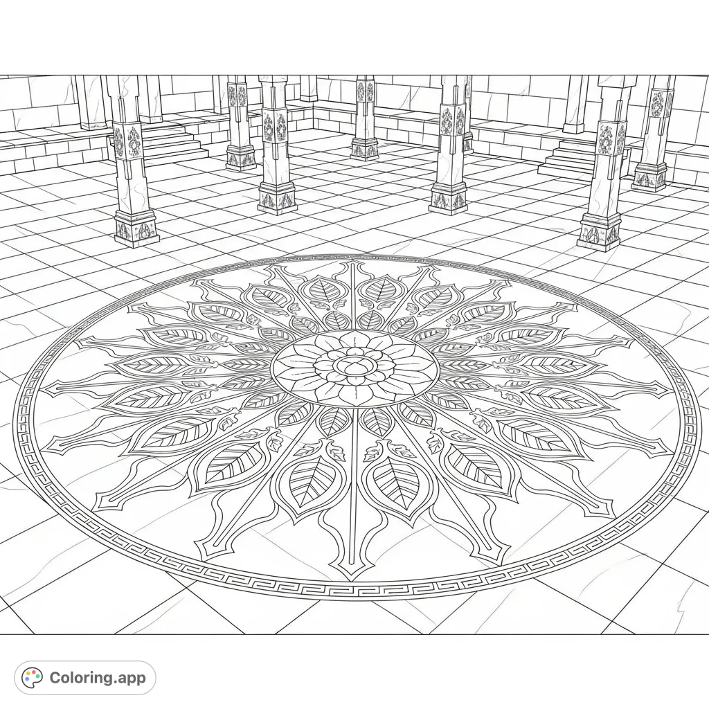 An enormous, ornate mandala etched into a polished stone temple floor, surrounded by carved pillars under streaming sunlight. A detailed, symmetrical design awaits.