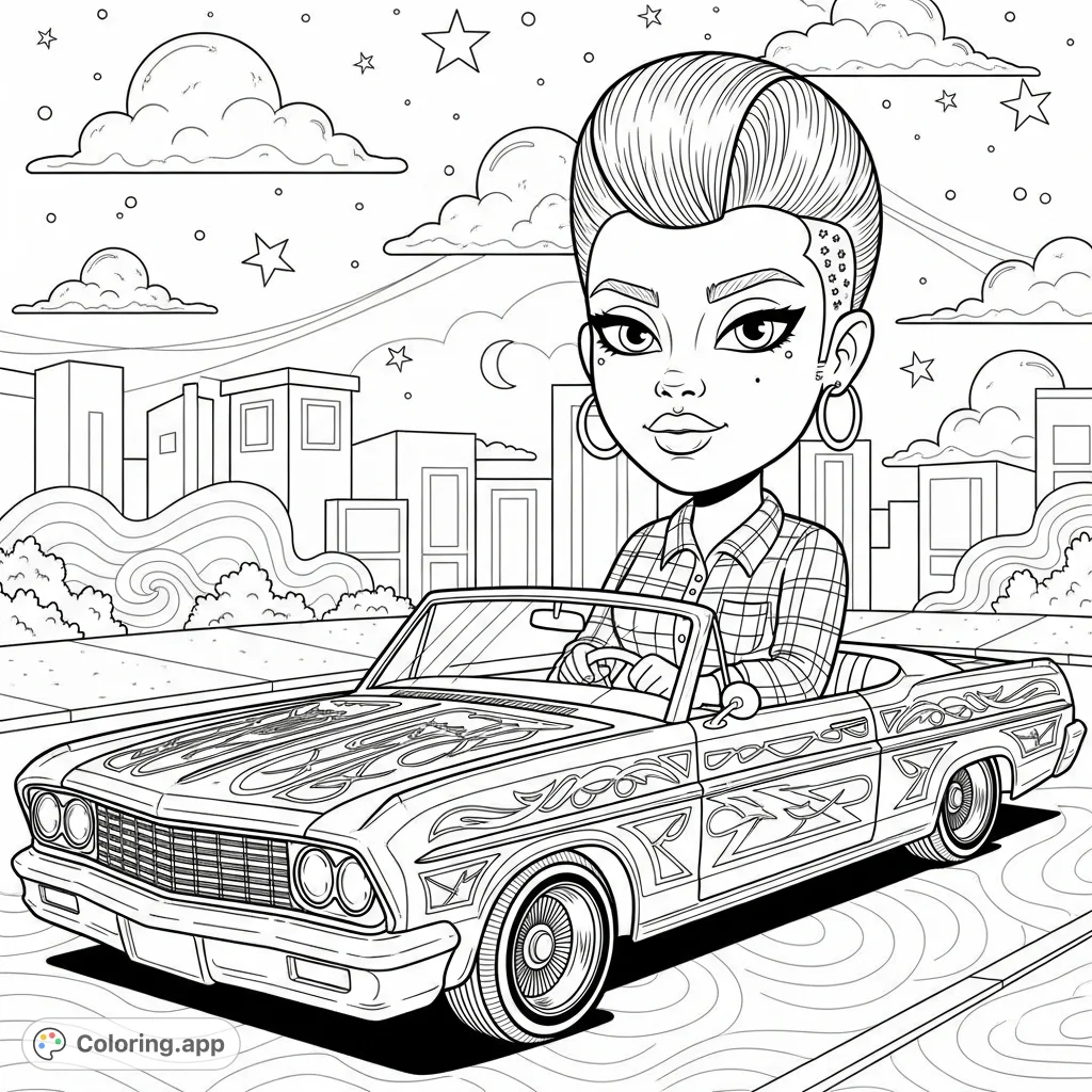 A confident Chola girl in a classic lowrider with intricate pinstriping, lowered suspension, and stylized wheels, set against an urban backdrop.