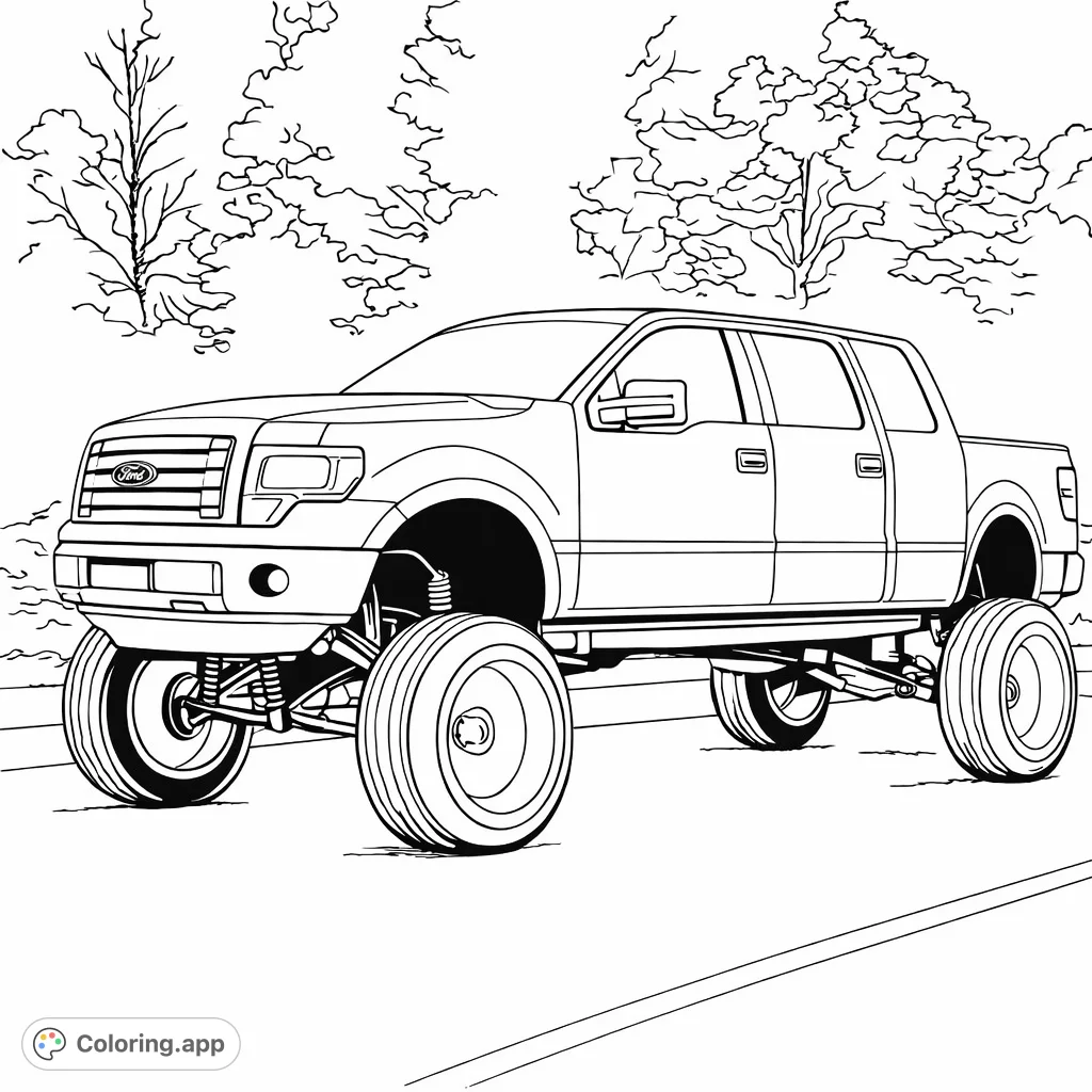 Experience the power of a custom lifted pickup truck in this dynamic coloring page. Featuring massive tires, a bold grille, and rugged details for automotive enthusiasts.