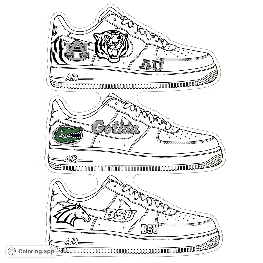 Show your school spirit! Three detailed Air Force 1 shoes themed after Auburn Tigers, University of Florida, and Boise State, ready to color and cut.