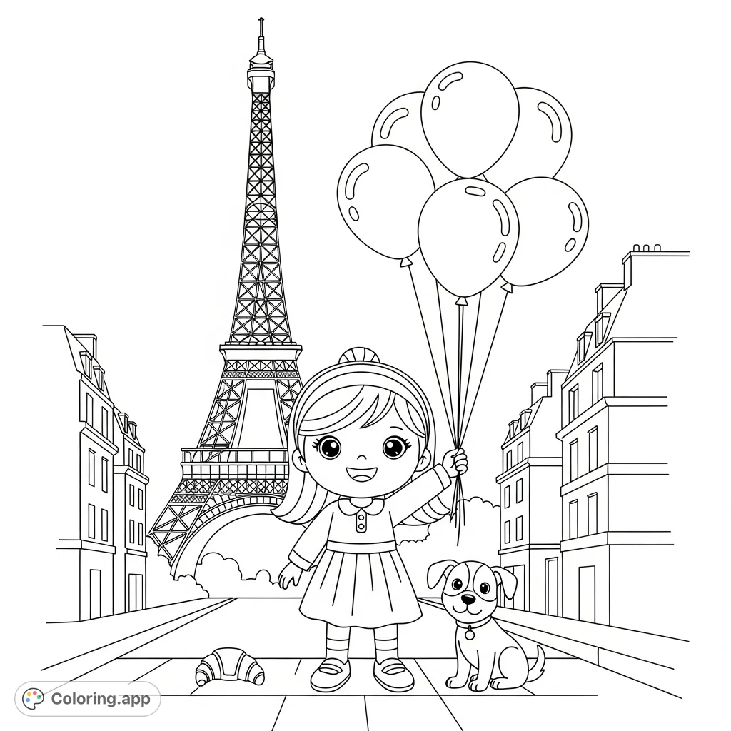 Join a charming little girl on her Parisian adventure with the iconic Eiffel Tower, balloons, and a cute dog. A delightful free printable Paris coloring page for kids.