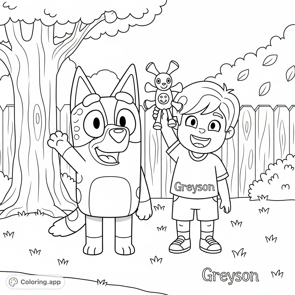Join Bluey and Greyson for a fun backyard adventure! This free printable Bluey coloring page features the popular Heeler puppy with a child, ready for creative expression.