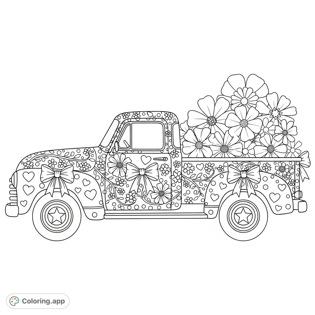 A charming pickup truck adorned with intricate floral patterns, bows, hearts, and stars. Perfect for a delightful and detailed 'girly truck' coloring page.