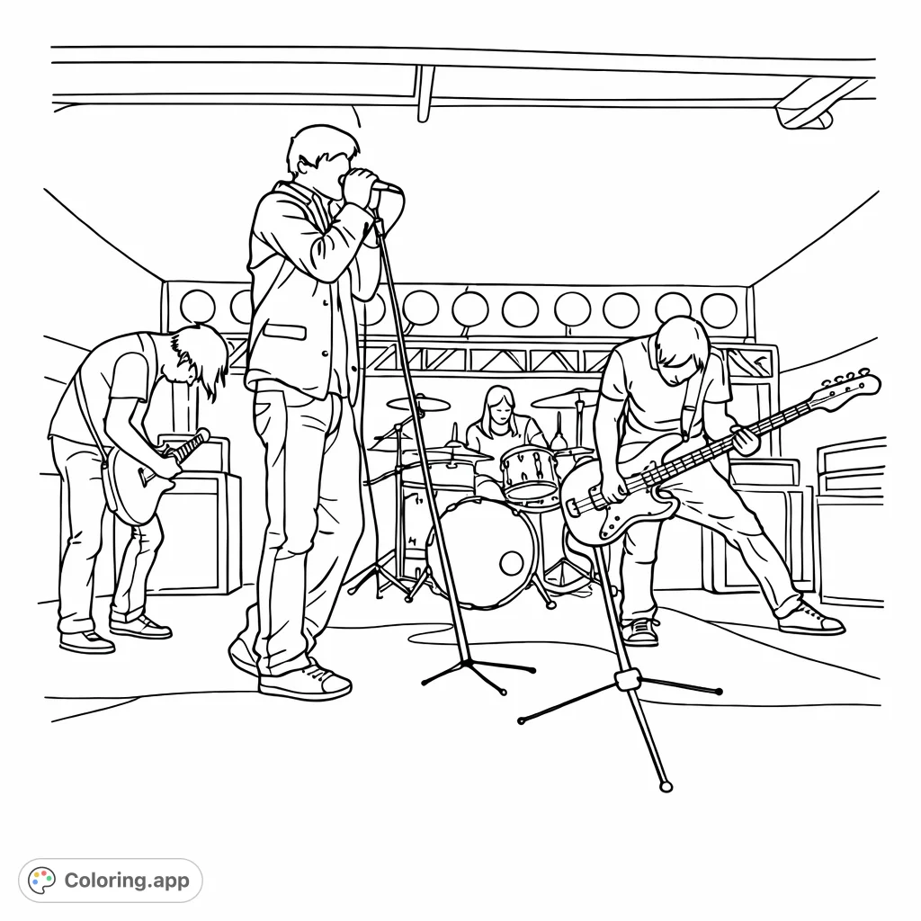 Capture the electrifying energy of a live rock band performance, featuring musicians with their instruments on a vibrant stage setup.