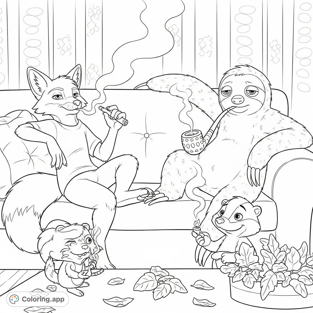 This adult coloring page features whimsical cartoon characters in a laid-back scene, enjoying a peaceful moment with stylized smoke.