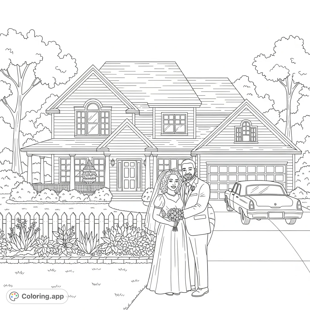 Celebrate love and home with this heartwarming family coloring page, a free printable depicting a Black married couple with their charming house and car.