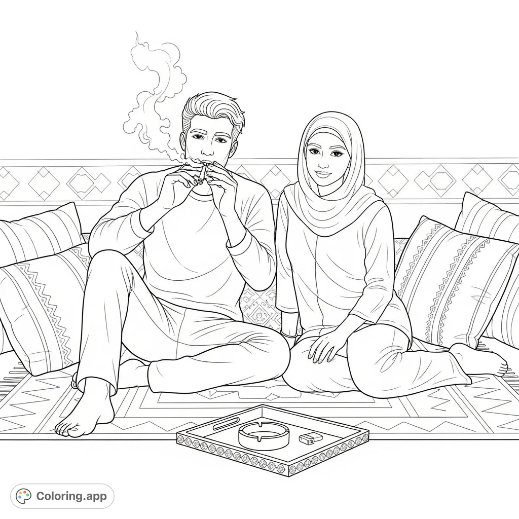 A relaxed male and female couple sits together, sharing a moment. This adult coloring page features detailed figures and a cozy, patterned setting for mindful coloring.