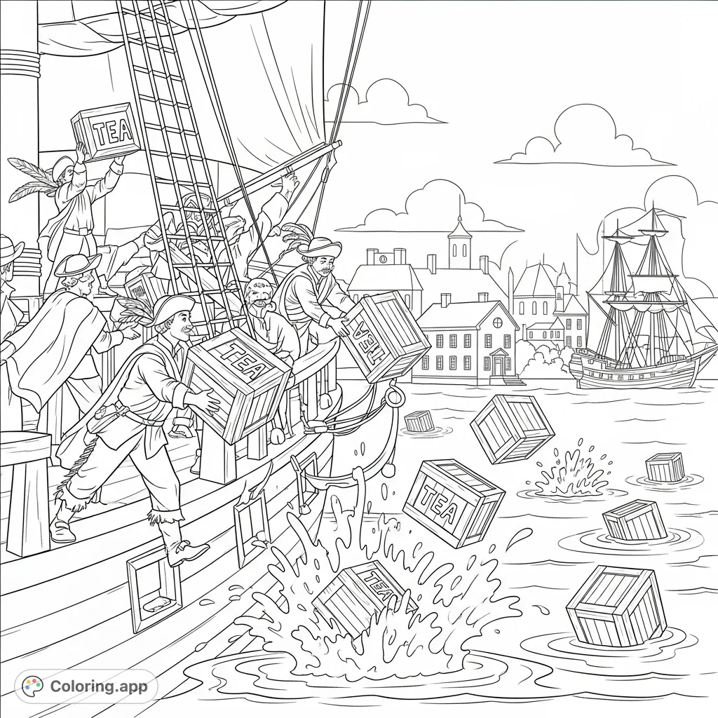 Relive history with this Boston Tea Party coloring page, featuring colonists tossing tea crates into the harbor under a night sky.