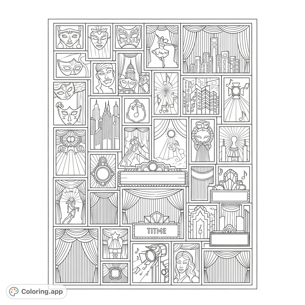 An intricate collection of miniature Broadway show posters, each with unique theatrical elements, arranged on a grand poster. A detailed scene for theater lovers.