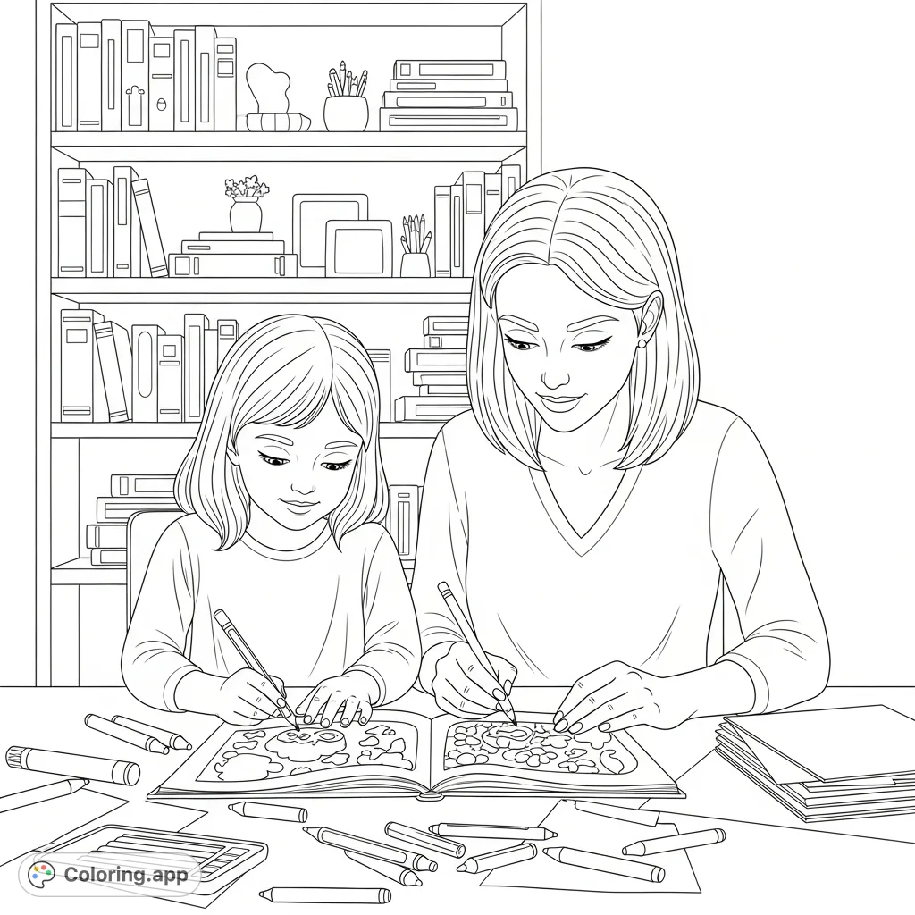 A heartwarming free printable coloring page depicting a mother and daughter with shoulder-length hair enjoying a focused creative session together at a table.