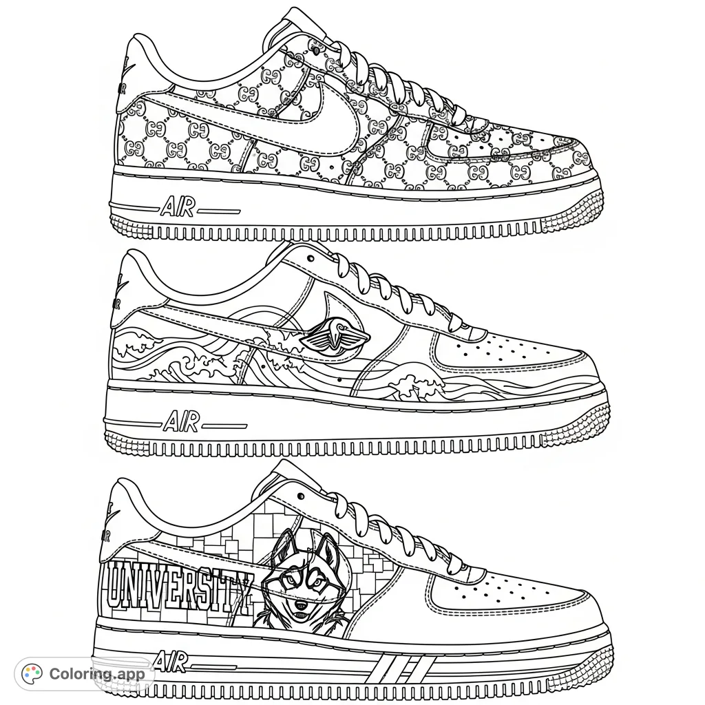 Unleash your creativity with this custom sneakers coloring page featuring iconic designs: a Gucci Air Force 1, Tulane Green Wave, and UConn Huskies.