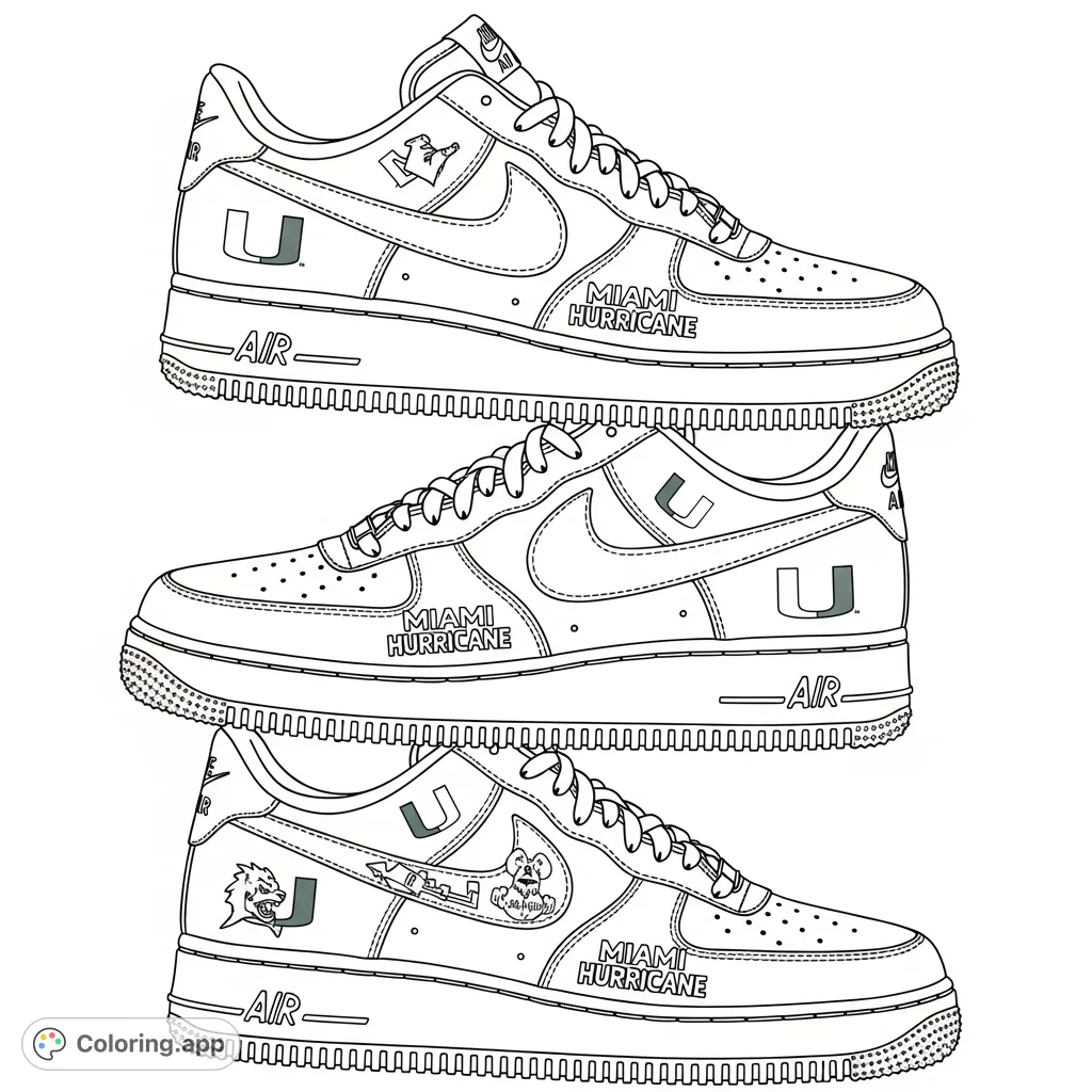Color three unique Air Force Ones sneakers stacked vertically, each customized with distinct Miami Hurricane themes and logos. A challenging design for sneakerheads!