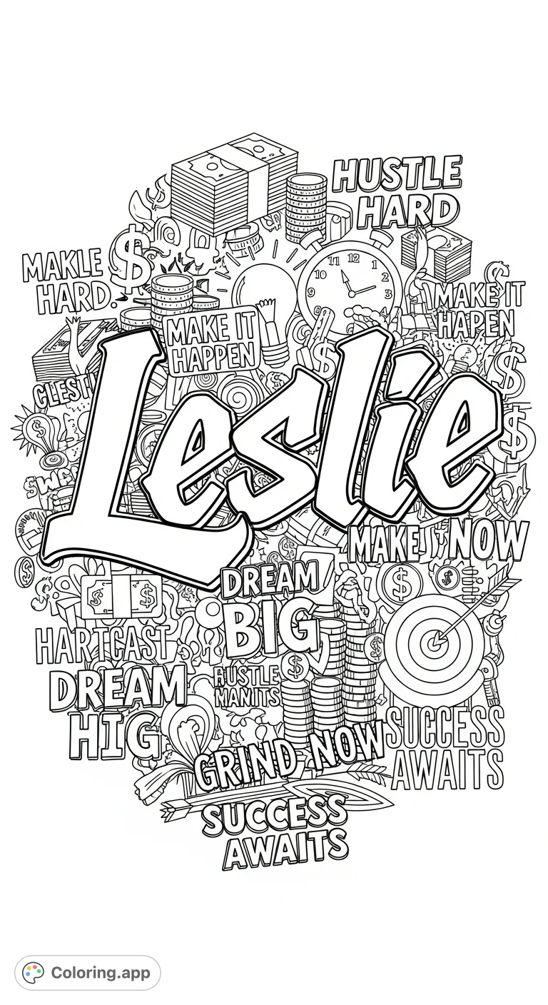 Bold graffiti lettering of 'Leslie' surrounded by inspiring money-hustling sayings and detailed illustrations. A dynamic, motivational design.