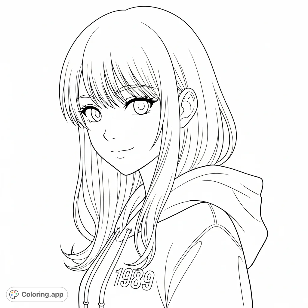 An anime-style female character portrait, featuring long flowing hair, expressive eyes, and a cool hooded sweatshirt with "1989" displayed.