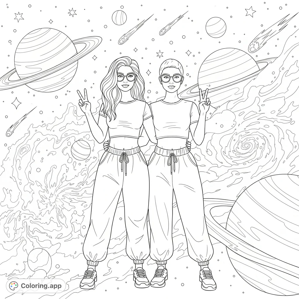 Two stylish women with glasses, crop tops, and sweatpants make peace signs against a stunning backdrop of stars, planets, and swirling nebulae. A cool, empowering cosmic journey awaits your colors.