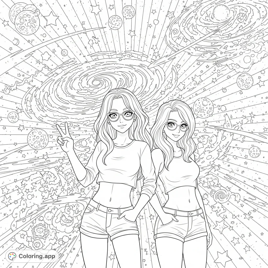 Two women with glasses and long hair, in crop tops and shorts, pose against a stunning cosmic backdrop of swirling nebulae and celestial bodies.