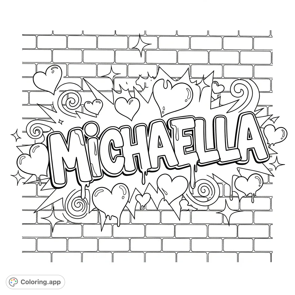 Unleash your creativity with a dynamic "Michaella" graffiti piece, featuring bold bubble letters, hearts, swirls, and starbursts on a detailed brick wall background.