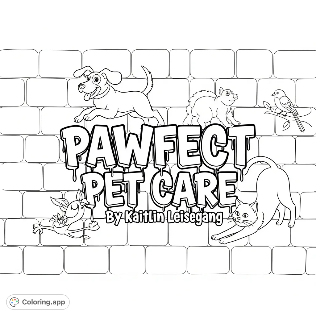 Unleash your creativity with this unique graffiti coloring page featuring the 'Pawfect Pet Care' name and playful pets on a textured brick wall.