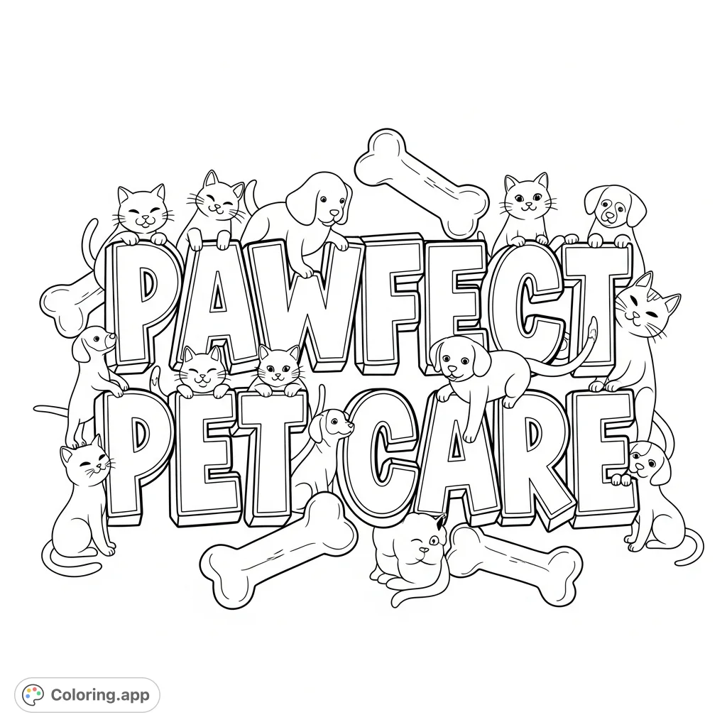 A fun, graffiti-style 'PAWFECT PET CARE' title surrounded by playful cats, dogs, and simple treats. Perfect for animal lovers and creative coloring.
