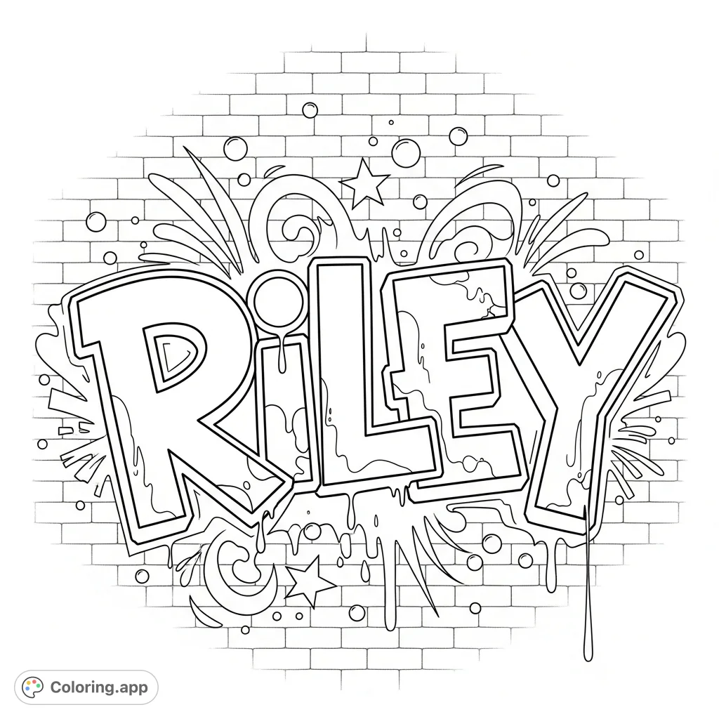 A dynamic 'Riley' graffiti coloring page featuring bold letters, drips, swirls, and stars against a textured brick wall, perfect for personalization.