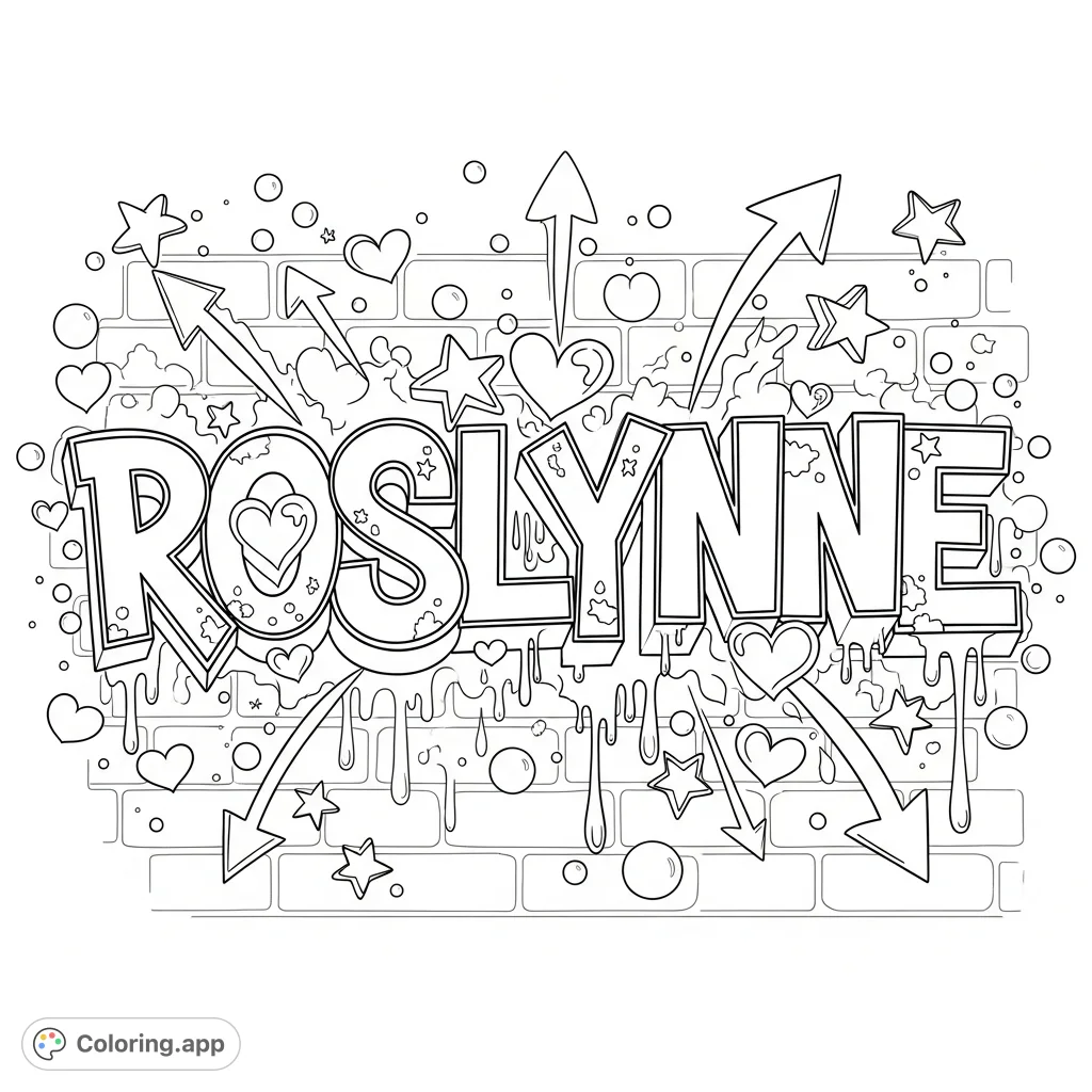 Unleash creativity on a dynamic "ROSLYNNE" graffiti lettering page. Bold letters, interlocking forms, drips, stars, and hearts fill an energetic street art scene.