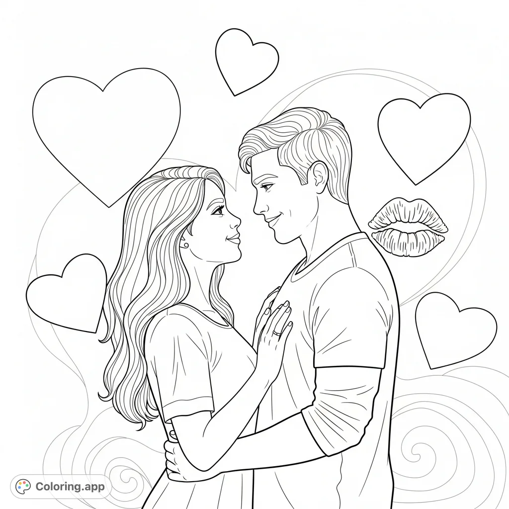A charming and romantic Brittnie & Justin coloring page featuring a couple, stylized hearts, and a kiss mark, perfect for personalizing and celebrating love.